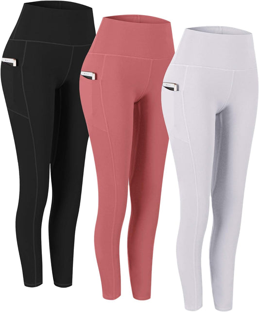 Professional title: "Set of 3 High Waist Yoga Pants with Pockets, Tummy Control, and 4-Way Stretch for Workout and Running"
